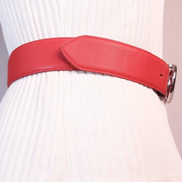 Express Red Synthetic Leather Belt XS Waist Double Circle Silver Tone Buckle - Picture 2 of 13